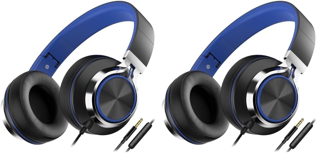 AILIHEN C8 Headphones Wired, On-Ear Headphones with Microphone and Volume Control Foldable Corded Stereo 3.5mm Headset for Smartphones Chromebook Laptop Computer PC Tablets Travel(Black/Blue)