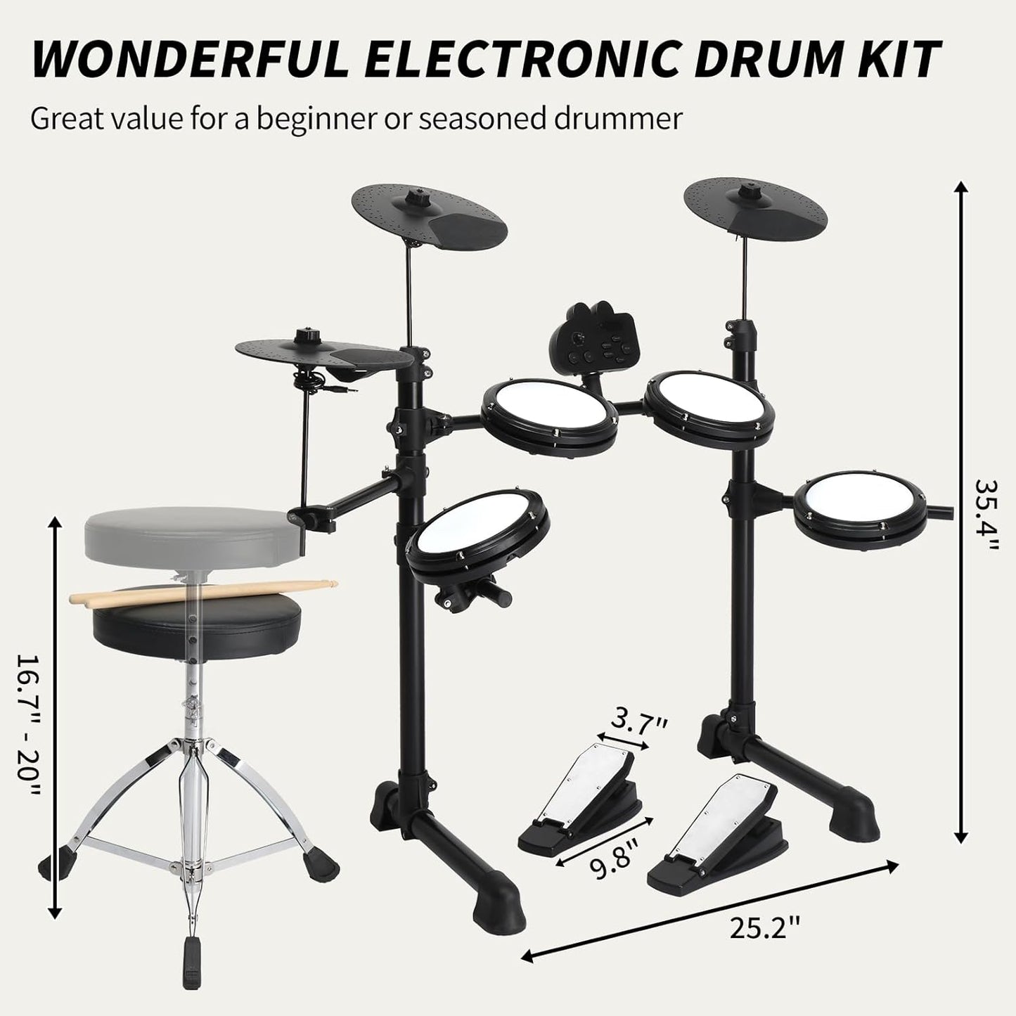 Ktaxon Electric Drum Set, Electronic Drum Set with Mesh Drum, Cymbals, Adjustable Throne, Headphones, Sticks, Pedals and Velcros, Electric Drums with 150 Sounds and 10 Demos for Beginner