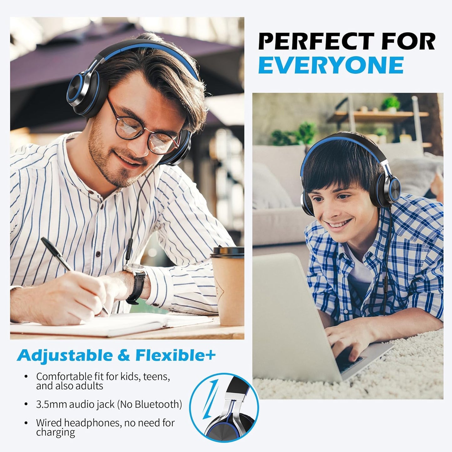 AILIHEN C8 Headphones Wired, On-Ear Headphones with Microphone and Volume Control Foldable Corded Stereo 3.5mm Headset for Smartphones Chromebook Laptop Computer PC Tablets Travel(Black/Blue)