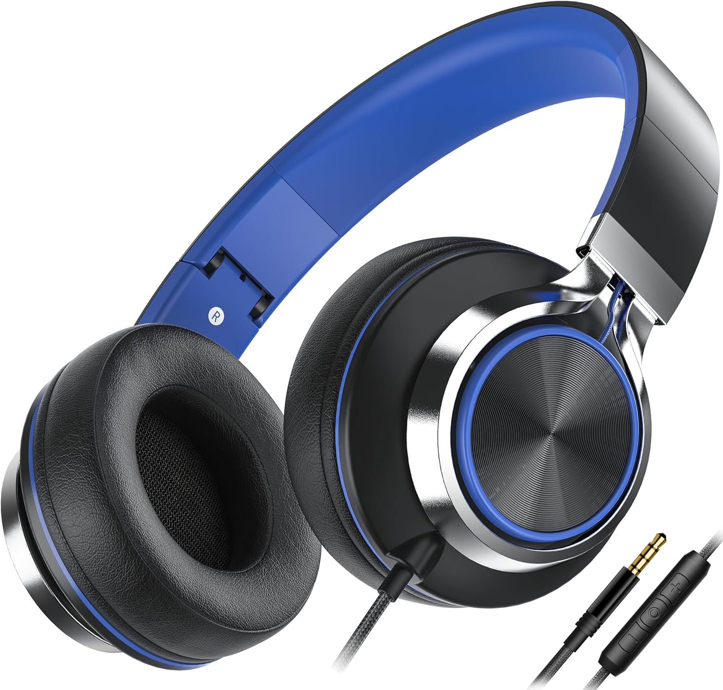 AILIHEN C8 Headphones Wired, On-Ear Headphones with Microphone and Volume Control Foldable Corded Stereo 3.5mm Headset for Smartphones Chromebook Laptop Computer PC Tablets Travel(Black/Blue)