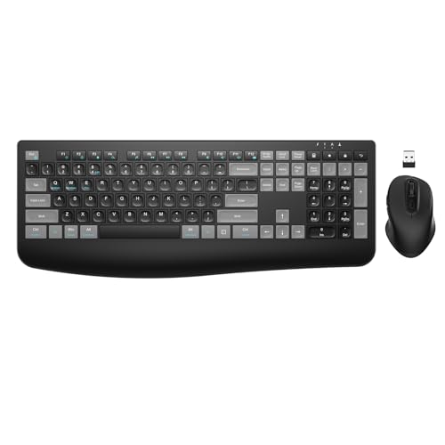 Wireless Keyboard and Mouse Combo, EDJO 2.4G Full-Sized Ergonomic Computer Keyboard with Wrist Rest and 3 Level DPI Adjustable Wireless Mouse for Windows, Mac OS Desktop/Laptop/PC (Black)
