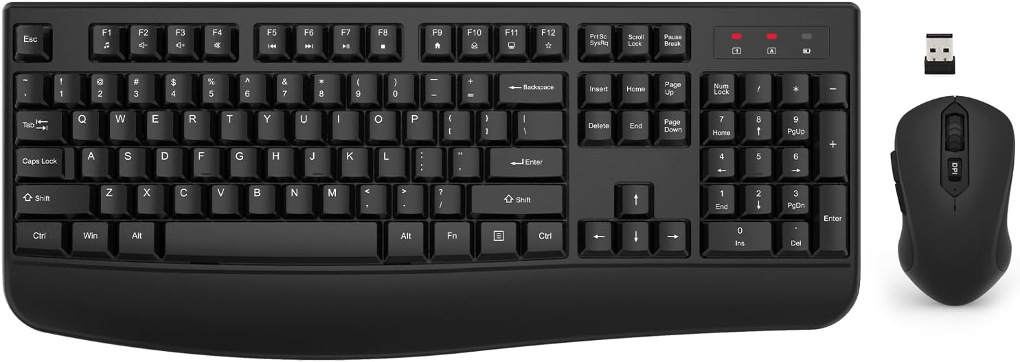 Wireless Keyboard and Mouse Combo, EDJO 2.4G Full-Sized Ergonomic Computer Keyboard with Wrist Rest and 3 Level DPI Adjustable Wireless Mouse for Windows, Mac OS Desktop/Laptop/PC (Black)
