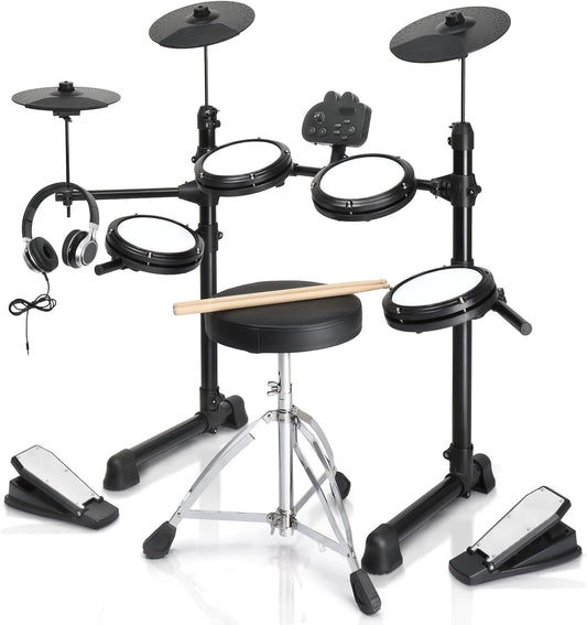 Electric Drum Set, Electronic Drum Set with Mesh Drum, Cymbals, Adjustable Throne, Headphones, Sticks, Pedals and Velcros, Electric Drums with 150 Sounds and 10 Demos for Beginner