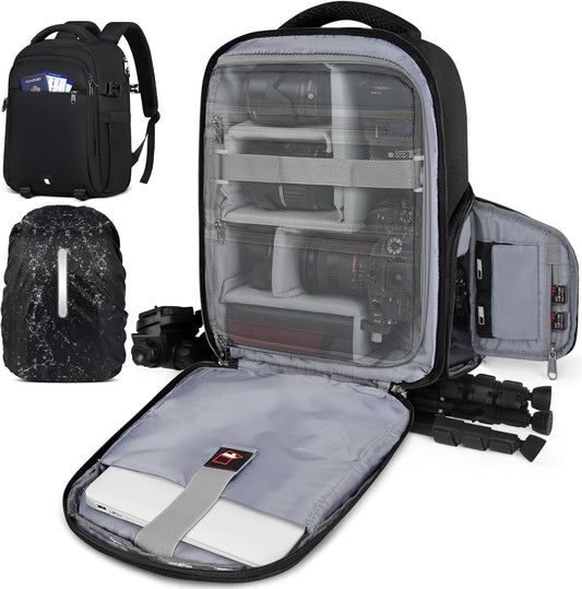 RAINSMORE Camera Backpack Camera Bag for Photographers DSLR SLR Mirrorless Camera Cases with Waterproof Rain Cover & Laptop Compartment Fits 14 Inch Laptop,Anti Theft Travel photography backpack,Black