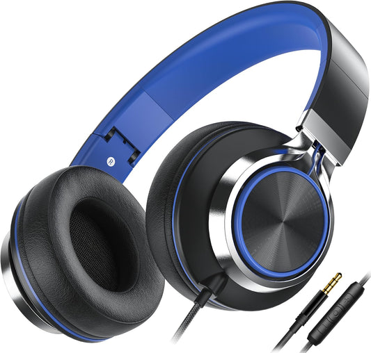 AILIHEN C8 Headphones Wired, On-Ear Headphones with Microphone and Volume Control Foldable Corded Stereo 3.5mm Headset for Smartphones Chromebook Laptop Computer PC Tablets Travel(Black/Blue)